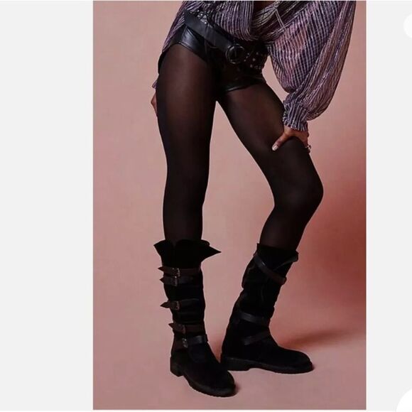 Free People size 9 Tristie Buckle Straps Knee High Boots Suede Lug Black - Picture 3 of 7